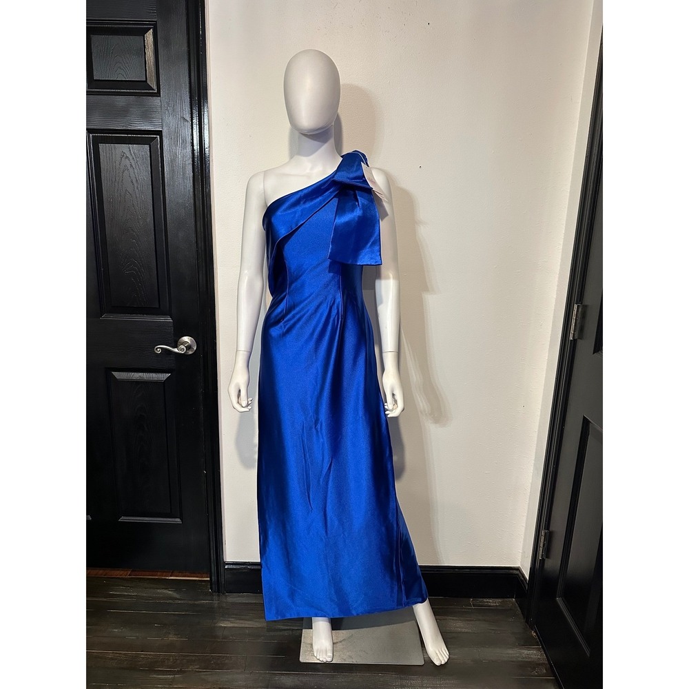 Royal‎ Blue One Shoulder Satin Gown with Oversized Bow Detail Evening Dress